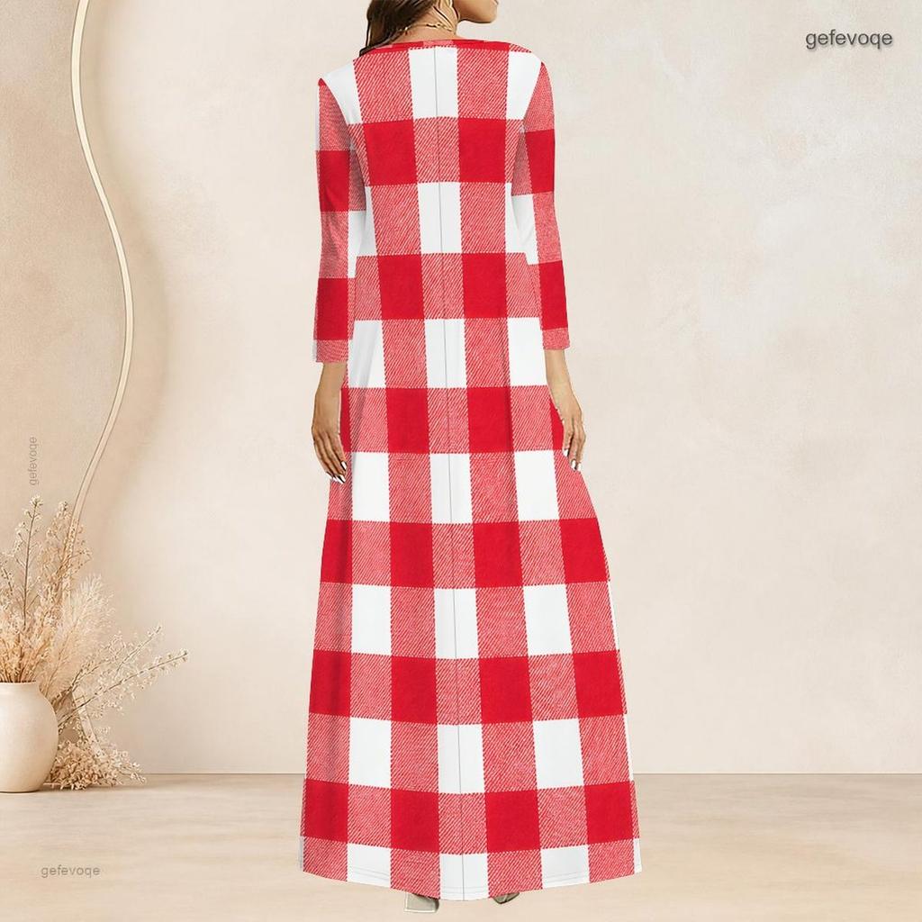 Women Plus Size V Neck Three Quarter Sleeve Polka Dot Printed Long Dress