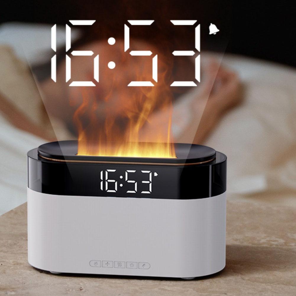 Flame aroma diffuser with LED digital clock color changing mood light and smart remote control for home office desktop use