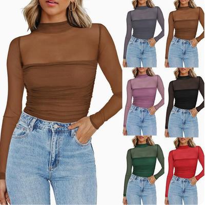 Ladies' Semi High Neck See Through Long Sleeved T-shirt with Sexy Mesh Top Shirt