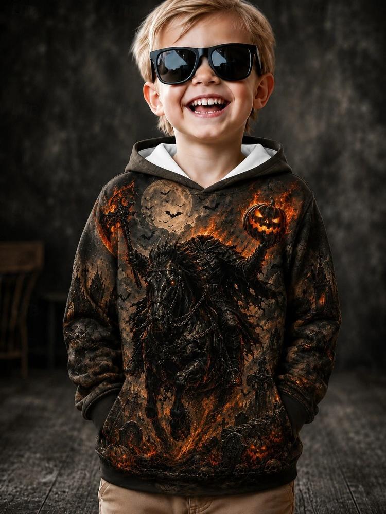 2026 Halloween Bluza z kapturem dla chłopców z grafiką czaszki 3D Pulower Długi rękaw Wiosenna Odzież sportowa Moda Streetwear Dzieci 4-7 lat Z kapturem Codzienna