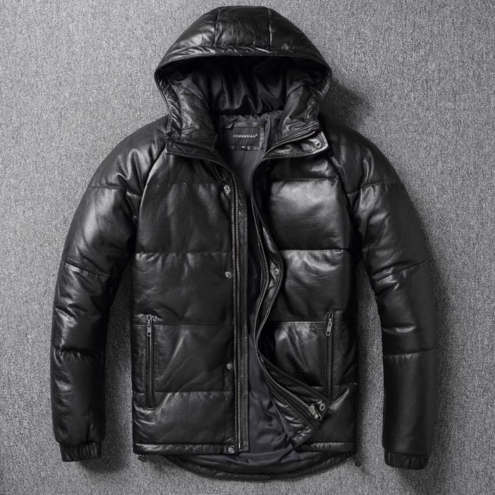 Chinese Size Thick Men Leather Jacket Hood Warm Down Coat Winter Long Down Jackets Genuine Cow Leather Coats Mens Clothing