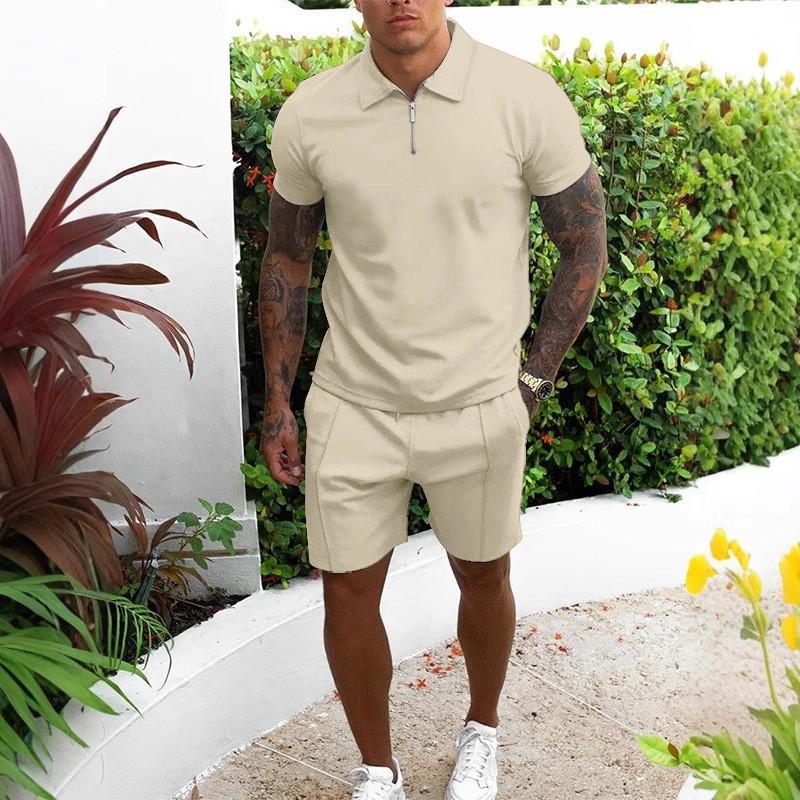 Mens Short Sleeve Tracksuit Casual 2 Piece Set Polo Collar Zip Up Outfit