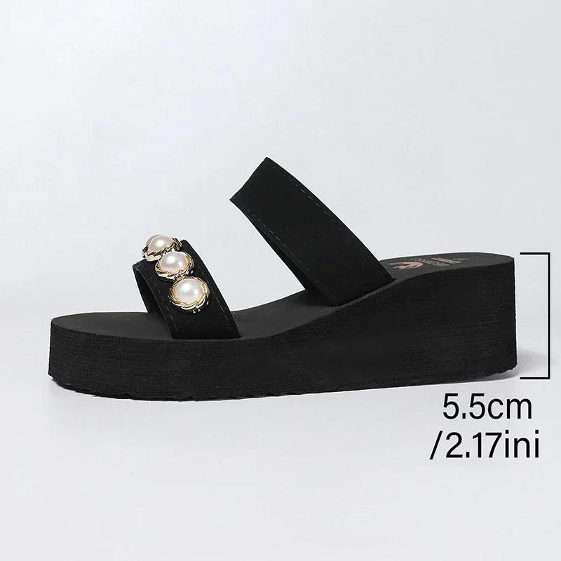 Luxury Pearls Women's Wedge Slippers Summer 2025 Chunky Platform Slip On Sandals Women Beach Casual Heels Slides Flip Flops 42