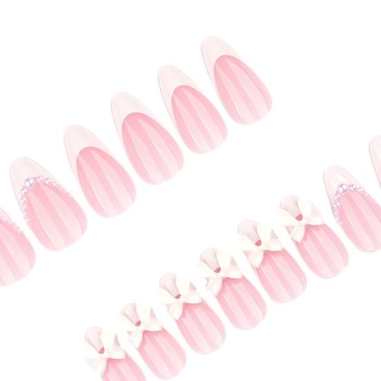 24Pcs Nude Pink Press on Nails, White Bow Faux Pearl Glue on False Nails, Almond French Tip Stick-on Fake Nails Decoration