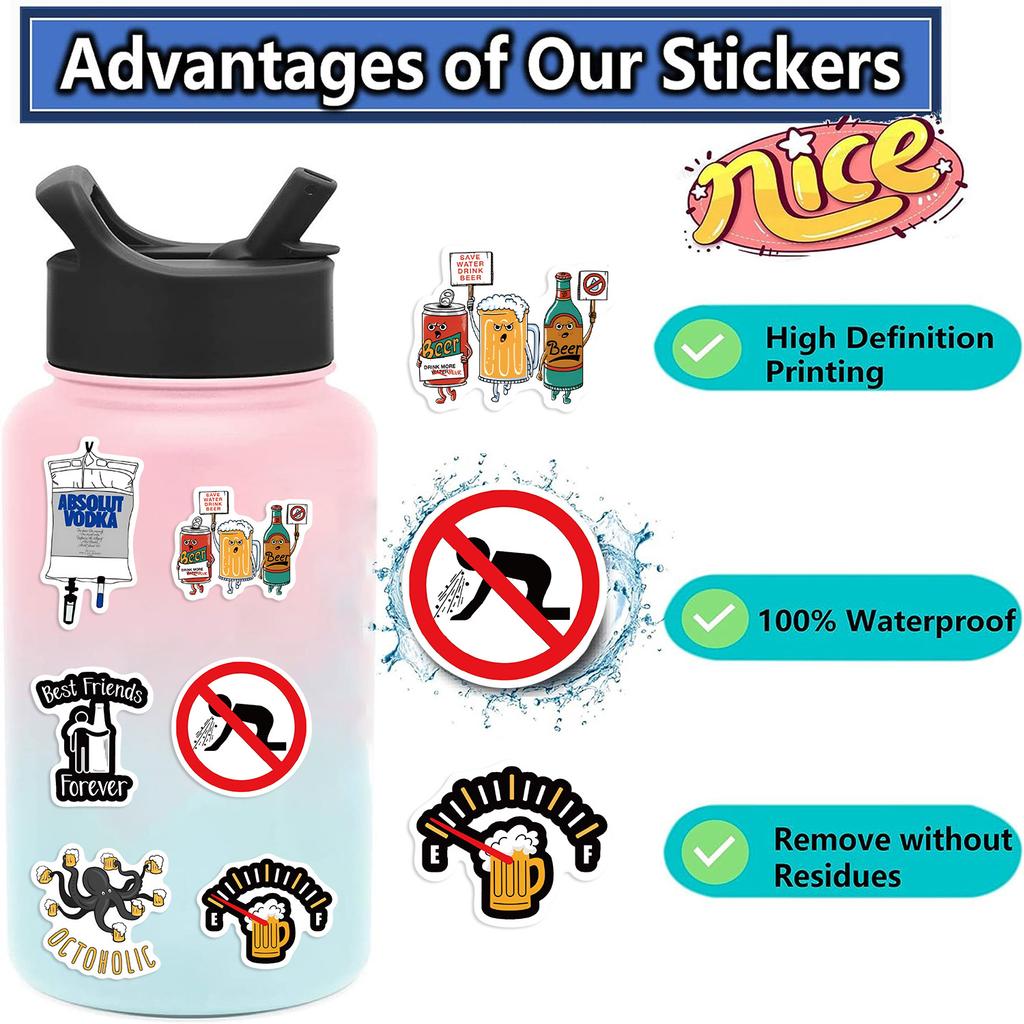 50 Cartoon Funny Beer Stickers Decorate Notebook Suitcase DIY Waterproof Stickers