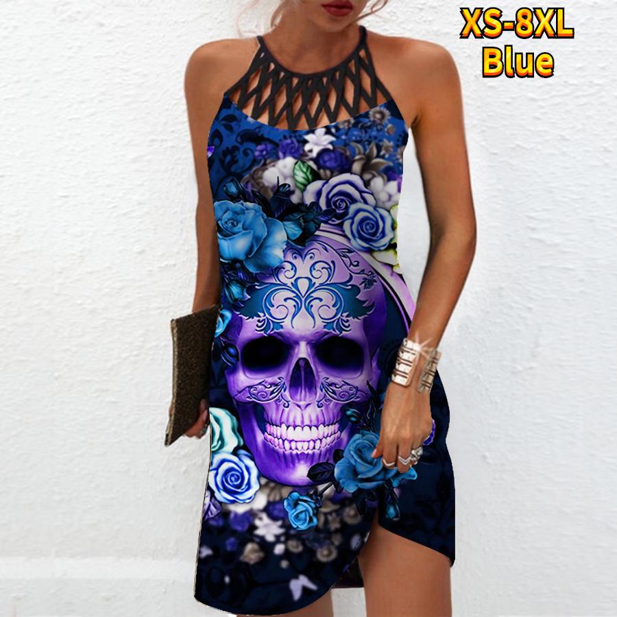 Summer Fashion Sexy Sleeveless Dress Soft Casual 3D Rose Skeleton Print Dress Sleeveless Sling Dress Summer Suspender Dress