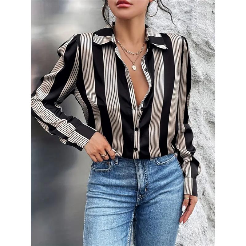 Elegant Black Striped Printed Long-sleeved Shirt For Women Fashion Lapel Button-down Shirt Temperament Office Cardigan