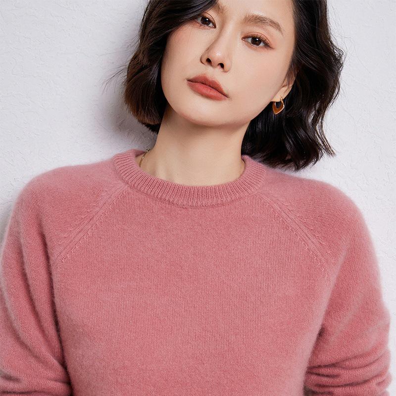 Women's Thick 100% Wool Raglan Sleeve Round Neck Sweater - Loose Knit Long Sleeve Pullover for Autumn/Winter