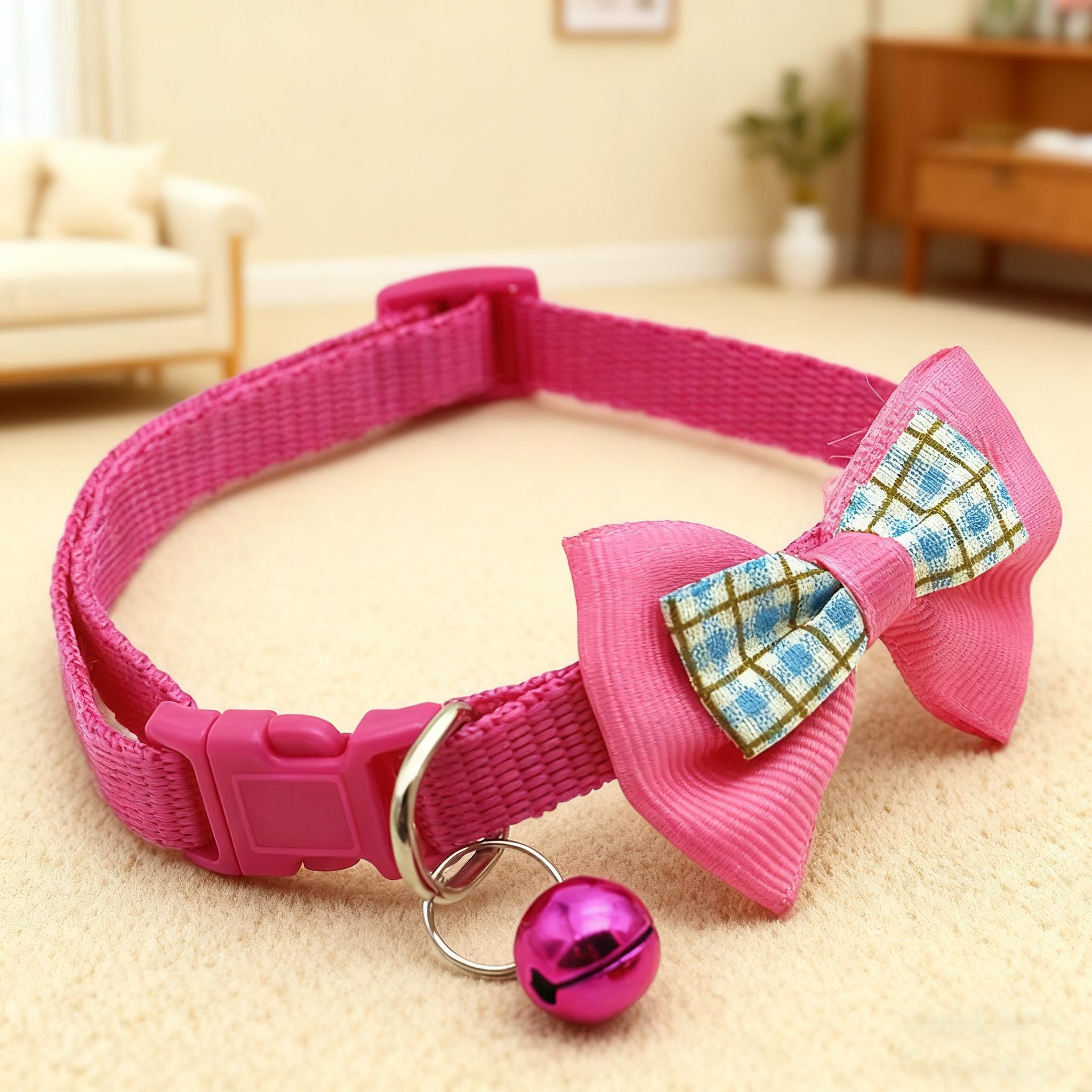 

Cat collar with dog bell, cute multi-color plaid bow bell collar, adjustable pet bell collar. рожевий червоний колір