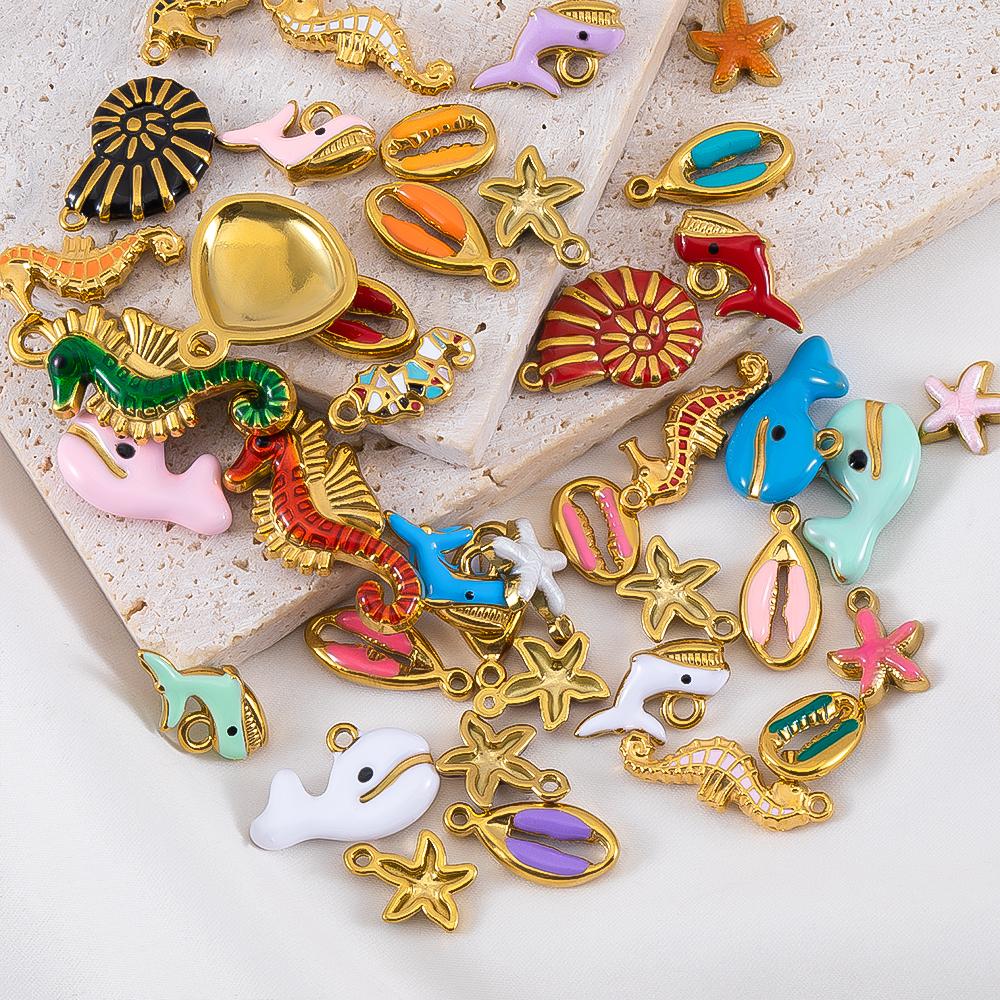 2pcs Stainless Steel Ocean Animals Pendant Whales Seahorses Conch Shells Marine Bracelets Earrings Charm for Jewelry Making Gift