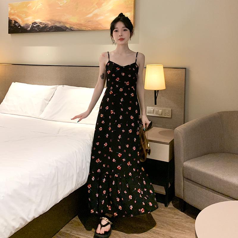 Women's Summer Retro Black Floral Spaghetti Strap Long Dress with Slimming Waist