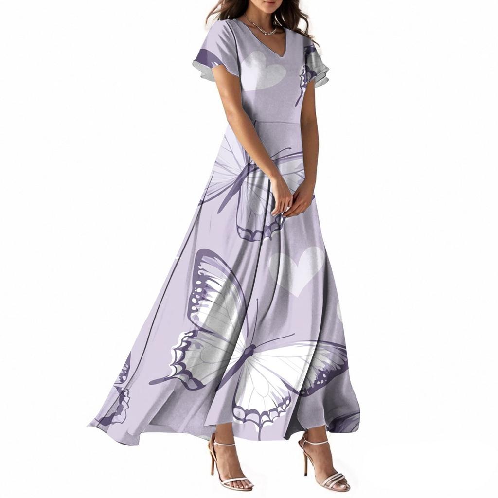 Women's Summer Casual Fashion Butterfly Print Dress V Neck Short Sleeve Dress