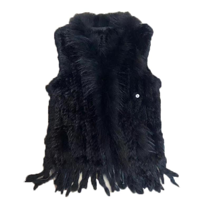 Natural Rabbit Fur Knitted Vest with Tassel Fur Warm Sleeveless Women Fur Gilet with Raccoon Fur Trimming