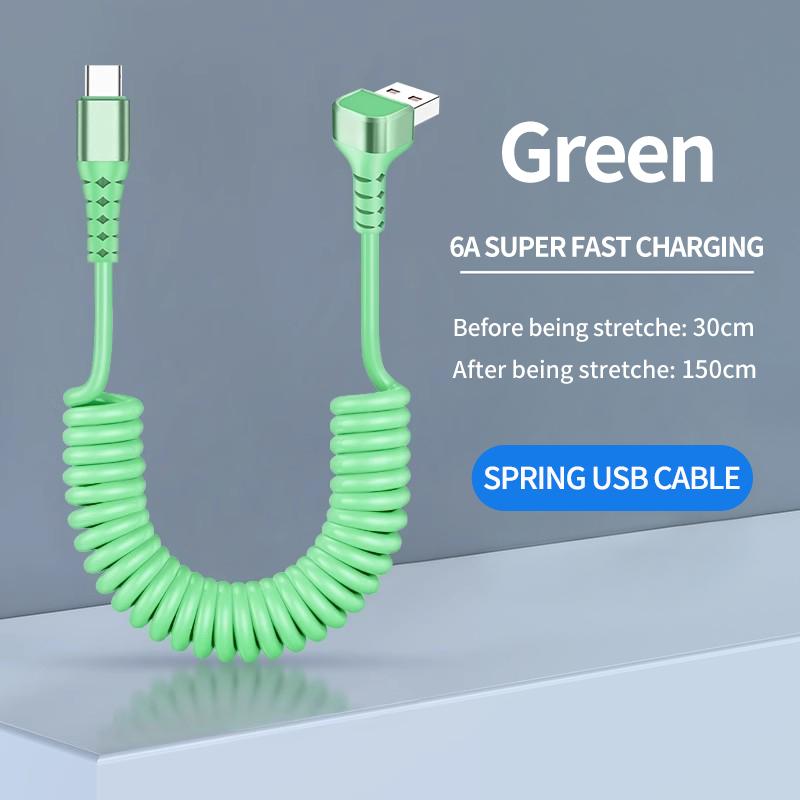 1.5M Coiled USB-C Type C 5A Fast Charging Data Cable 90 Right Angle Retractable Pure Copper Mobile Phone Cord for