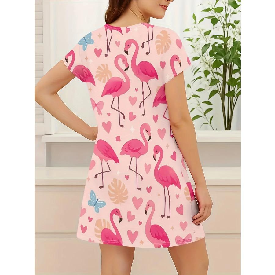 Damen Nachthemd mit rosa Flamingo- und Herz-Print, weiches Rundhals-Kurzarmkleid, ganzjährig bequem für Erwachsene
