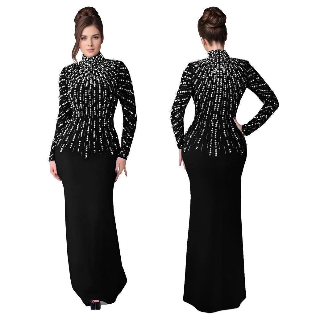 European & American Fashion Women's Long-Sleeve Beaded Bodycon Dress