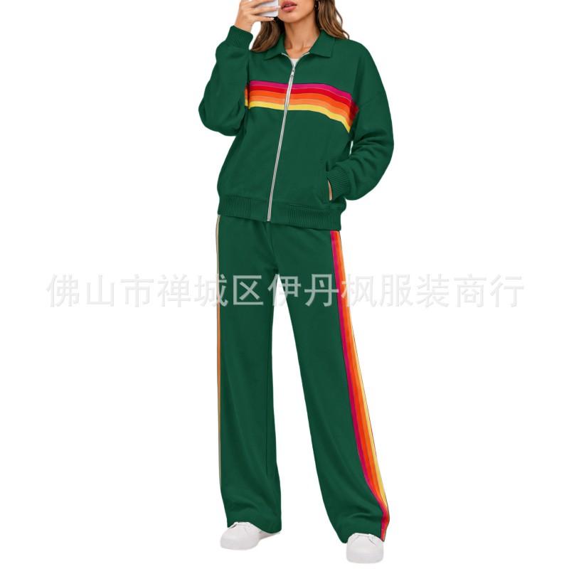 Womens Contrast Stripe Sporty Two-Piece Set With Stand Collar Zip-Up Top Wide-Leg Pants