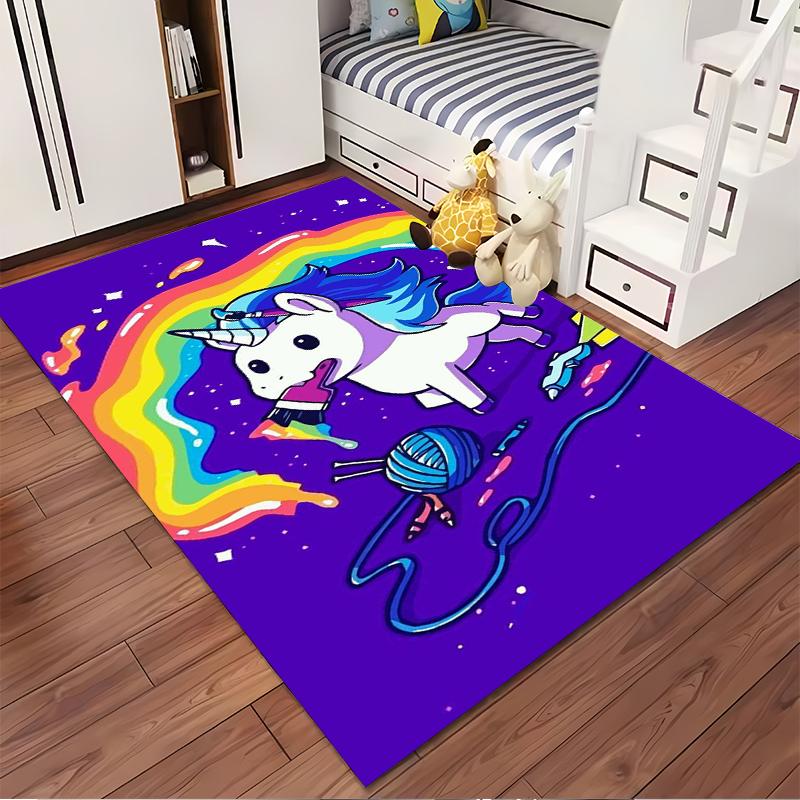 Colorful Unicorn with Rainbow Yarn Delight Non-slip rug suitable for living room and bedroom sofas.
