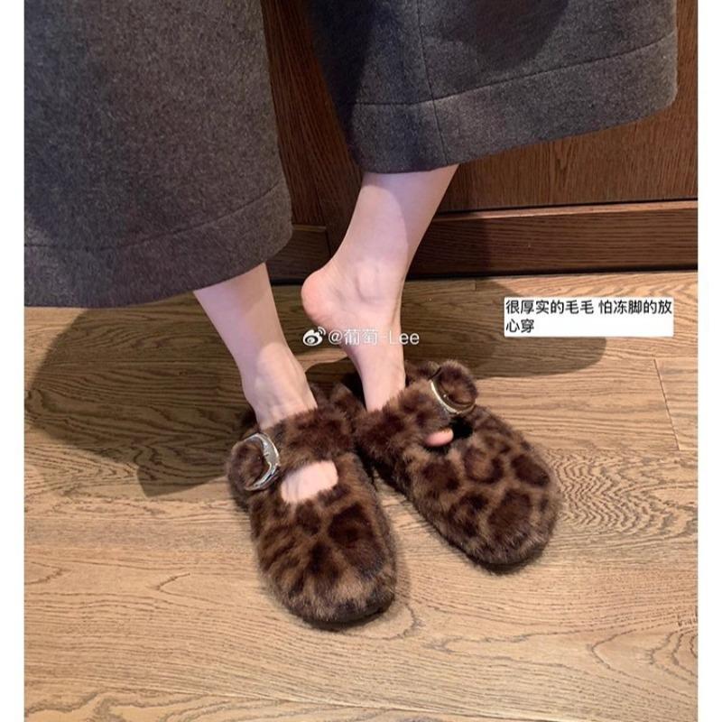 

Пушистый леопардовый принт см толстая подошва пряжка с теплыми универсальными пушистыми тапочками женские весна и осень 40 чёрный