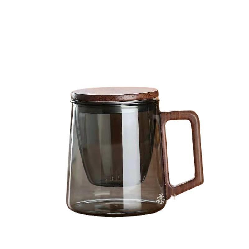 

Стеклянная чашка для чая с разделением чая и воды, чашка для чайной церемонии с крышкой, большая вместимость, дымчато-серая, деревянная ручка, офисная чашка, домашняя, подарок для мужчин, чашка для заваривания чая 301-400ml