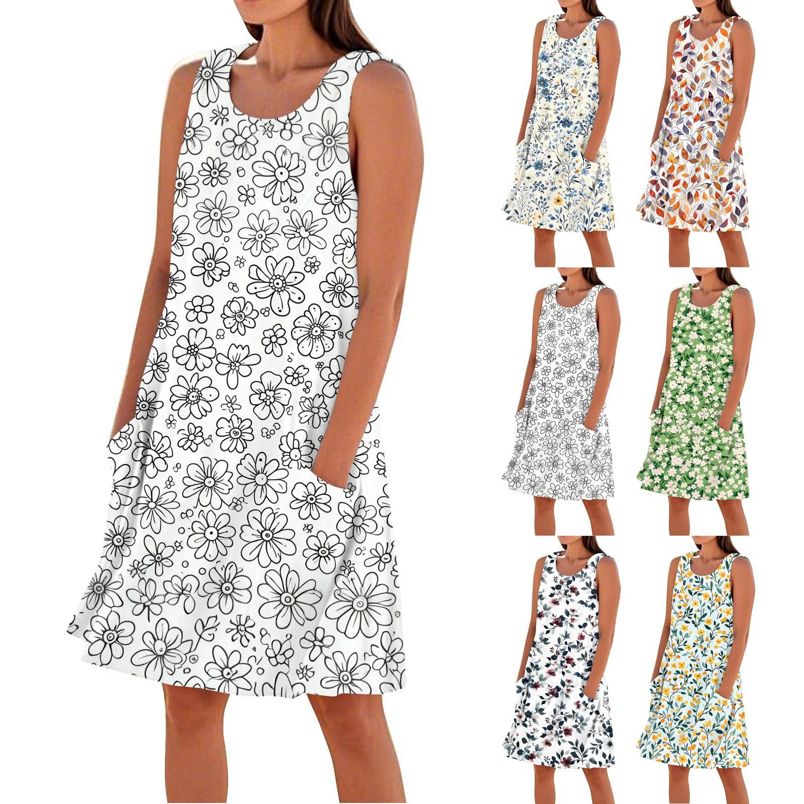 

Print Dresses For Women Loose Beach Vacation Casual Sleeveless Sundresses With Pockets Tank Dress M білий