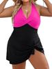 2024 Plus Size European & American Solid Color Tankini Skirt Swimsuit with Drawstring - Conservative Style