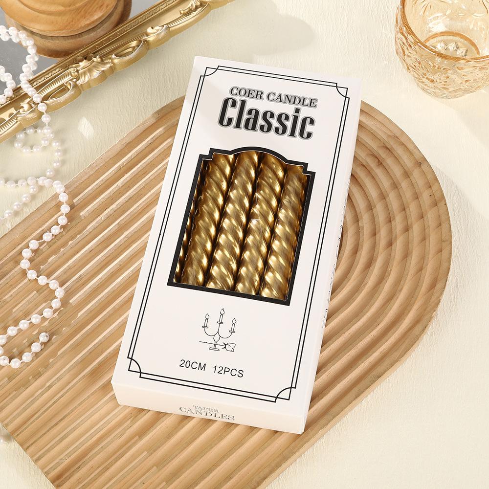 

Европейская гальванизированная резьбовая длинная свеча-столб для дома, романтического свадебного ужина при свечах, праздничной атмосферы, восковая Electroplated Thread Gold 12 Packs