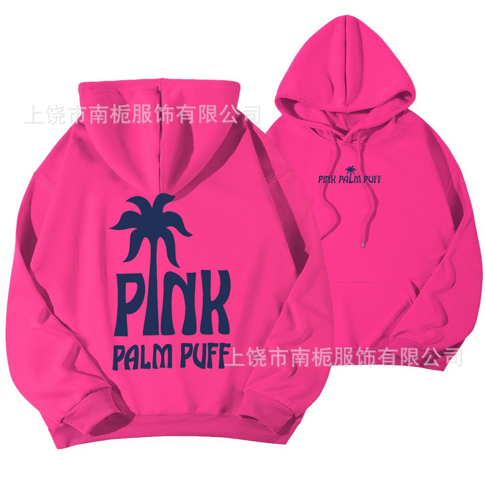 Women's Hooded Long Sleeve Drop Shoulder Pullover Sweatshirt Palm Tree "PINK PALM PUFF" Back Letter Print Casual Hoodie