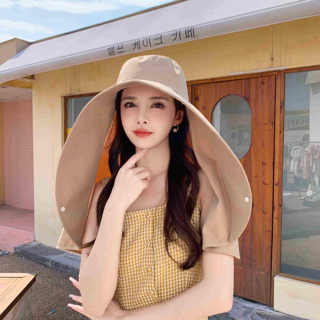 Women's UV Protection Wide Brim Sun Hat with Neck and Face Covering Shawl, Korean Style.