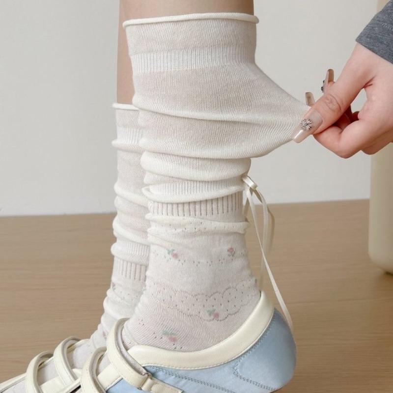 Spring and Summer Thin Ballet Style Women Socks JK Floral Ribbon Women Calf Socks Super Fairy Mesh Breathable Cotton Pile Socks