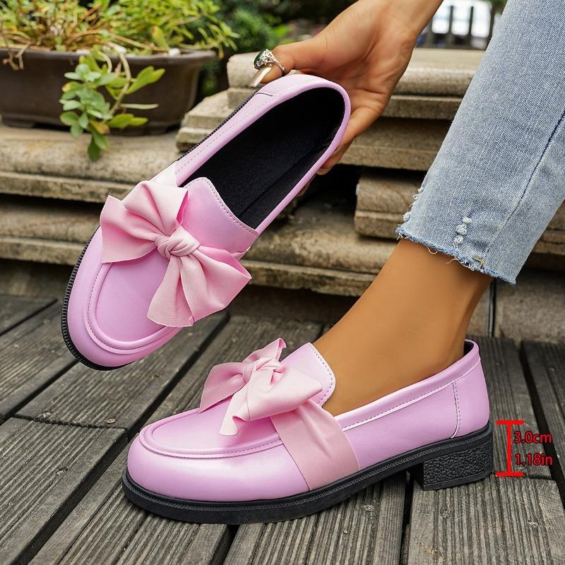 Fashion Big Bow Round Toe Deep Mouth Platform Slip Anti-Slip Wear-Resistant Square Heel Loafer Single