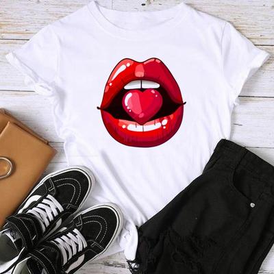 (Asian Size) Fashion Print Love Heart Lip Trend Cute 90s Graphic Tee Female Casual T Clothing Casual Women's Top Short Sleeve T-shirt