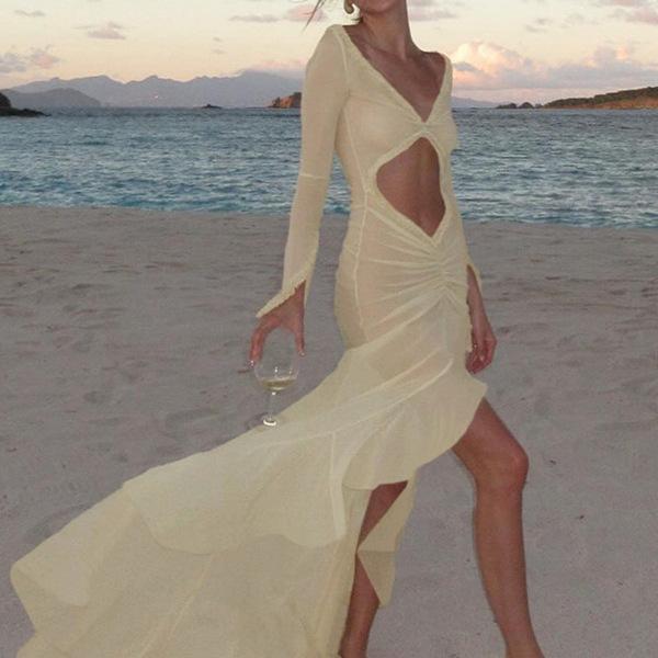 European and American new French temperament age-reducing Muse bikini perspective beach sexy navel mopping dress