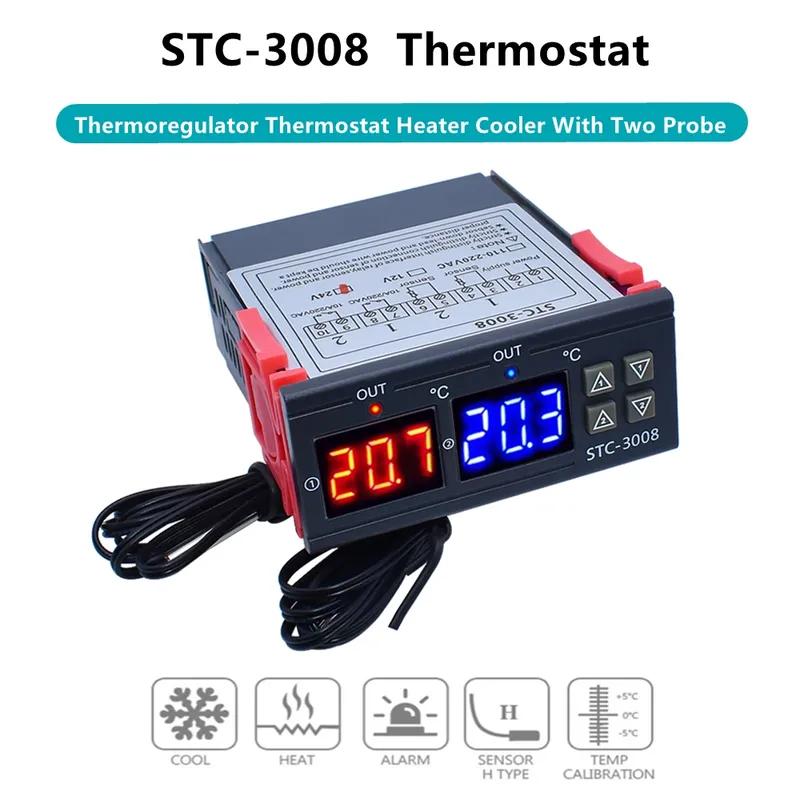 Controlador de Temperatura Digital Duplo STC-3008 Termostato com Saída de Dois Relés Aquecedor com Sonda 12V 24V 220V Geladeira Doméstica Frio Calor