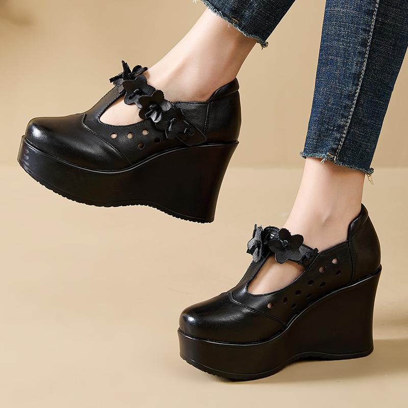 Fashion GKTINOO 2025 Spring Ethnic Style Women Genuine Leather Shoes Flower Wedges Heels Shoes Thick Sole Casual Ladies Platform Shoes