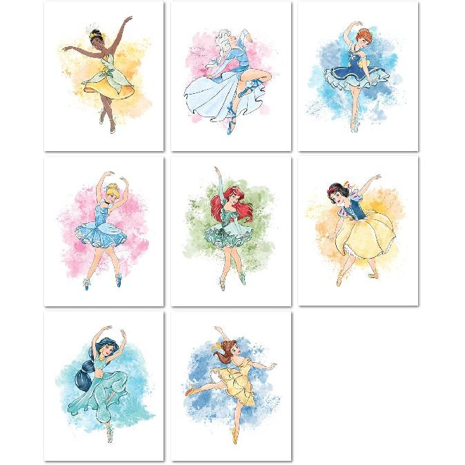 Nistio® Disney Princess Ballerina Wall Art Prints, Princess Playroom Decor, Elsa, Cinderella, Ariel, Snow White, Belle, Jasmine, Princess Anna,