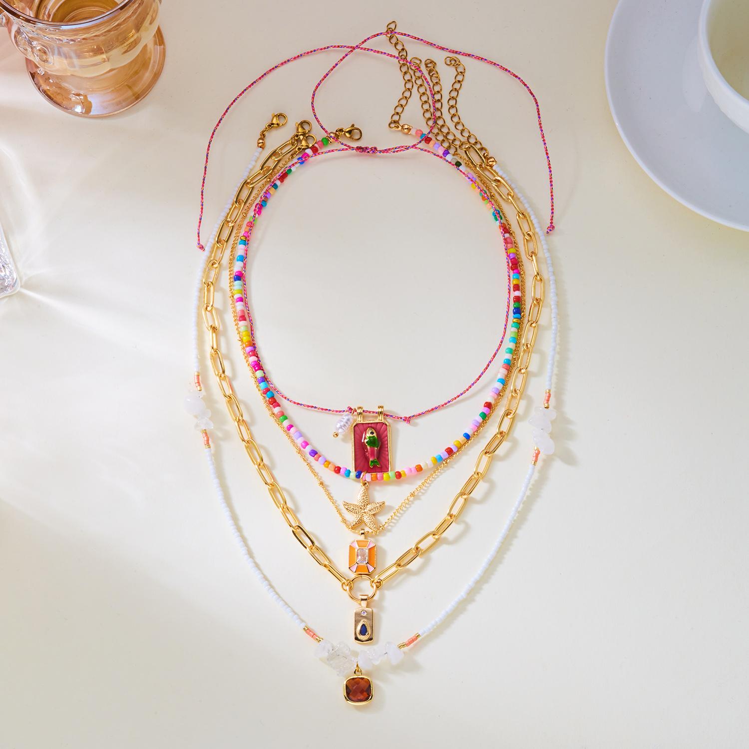 

5Pcs/Set Bohemian Starfish Heishi Beads Necklaces for Women Colorful Fish Crushed Stone Pendant Chain Beach Party Jewelry Gift