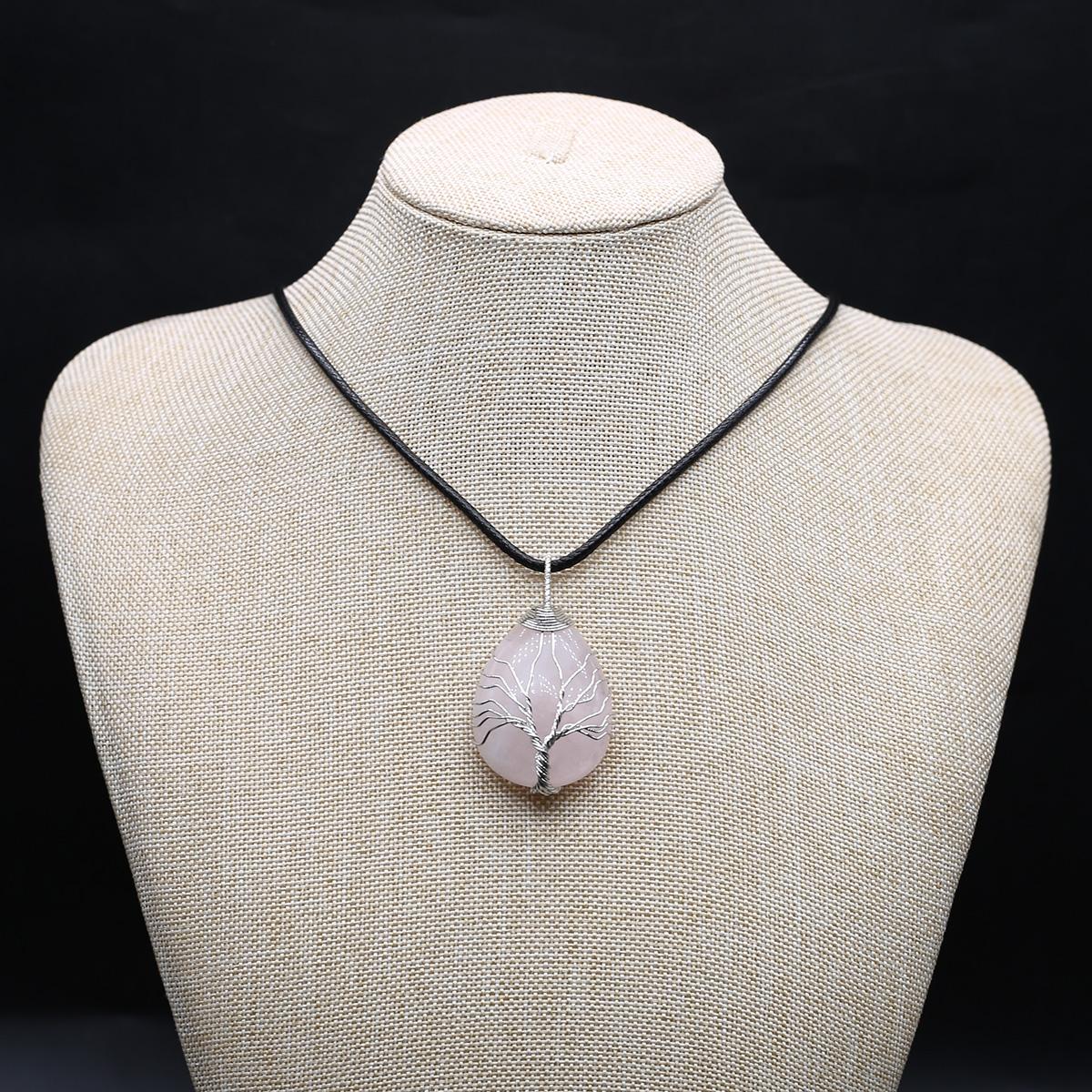 

1 шт./лот, натуральный камень, кристалл, розовый кварц, малахит, агат, подвеска в форме капли, Древо жизни, ожерелья для женщин и мужчин, ювелирные изделия 25 × 43 мм 25×43mm-Rose Quartz