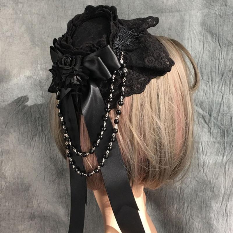 Lolita Ribbon Bows Beaded Pendant Bonnet Cap Headdress Gothic Flower Lace Mini Top Hat Headwear Cosplay Accessories