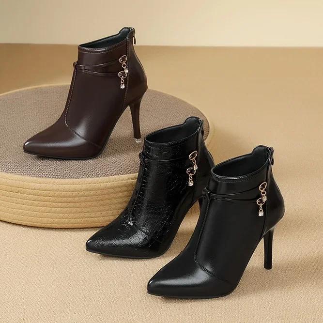 Eleganckie francuskie botki ze szpicem Damskie modne botki do kostki Duży rozmiar Buty Wysoki obcas Zimowe Gumowa podeszwa