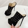 Fashion Liyke Runway Women Sexy 16CM Stiletto Slippers Metal Rivets Design Sandal Summer Platform High Heels Party Stripper Shoes Black