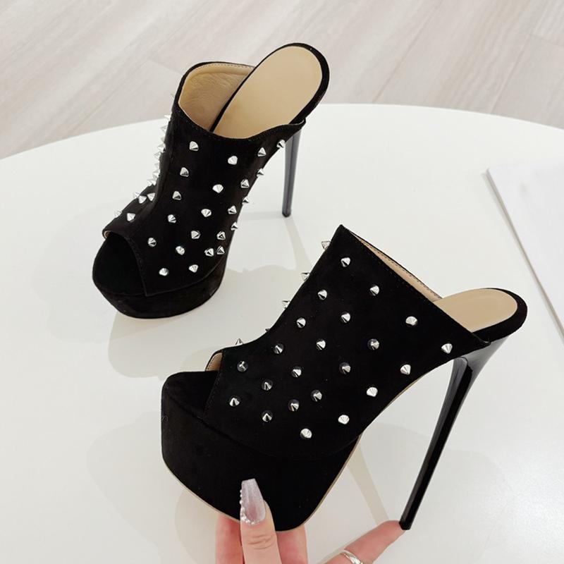 Fashion Liyke Runway Women Sexy 16CM Stiletto Slippers Metal Rivets Design Sandal Summer Platform High Heels Party Stripper Shoes Black