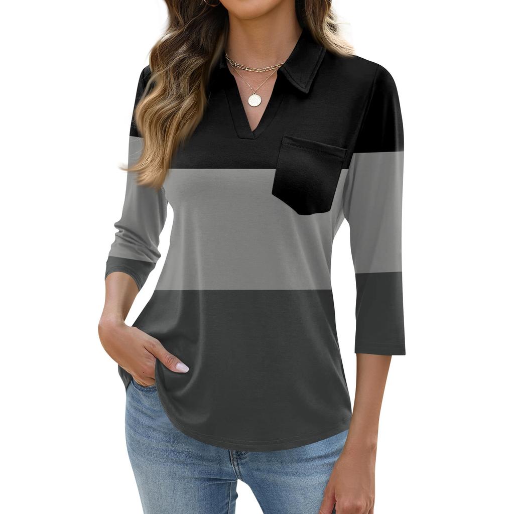 Damen Mode Lässig Revers Kurz 3/4 Ärmel Print Hemd Damen Oberteile