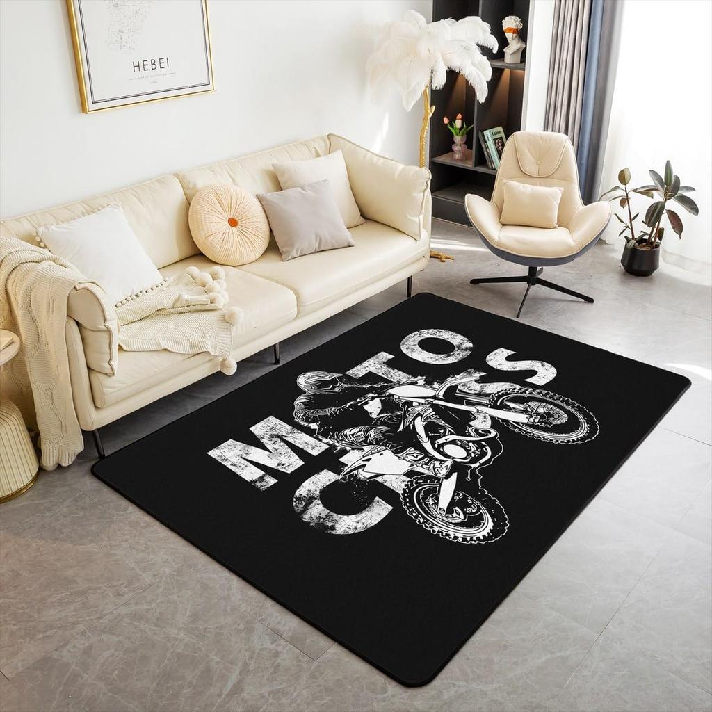 Motocross Rider Area Rug for Living Room and Bedroom, Dirt Bike Motorbike Sports Carpet, Soft Extreme Sports Floor Mat
