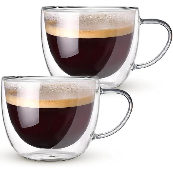Double Walled Glass Coffee Mugs Set of 2, 8 oz Hand Blown Insulated mugs with Handle, Clear Coffee Mugs for Cappuccino, Latte, Americano, Tea Bag, 10 oz