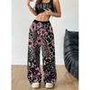 Women's Retro Wide Leg Pants with Leopard and Pink Floral Patchwork - Elastic Drawstring Waist Straight Pants