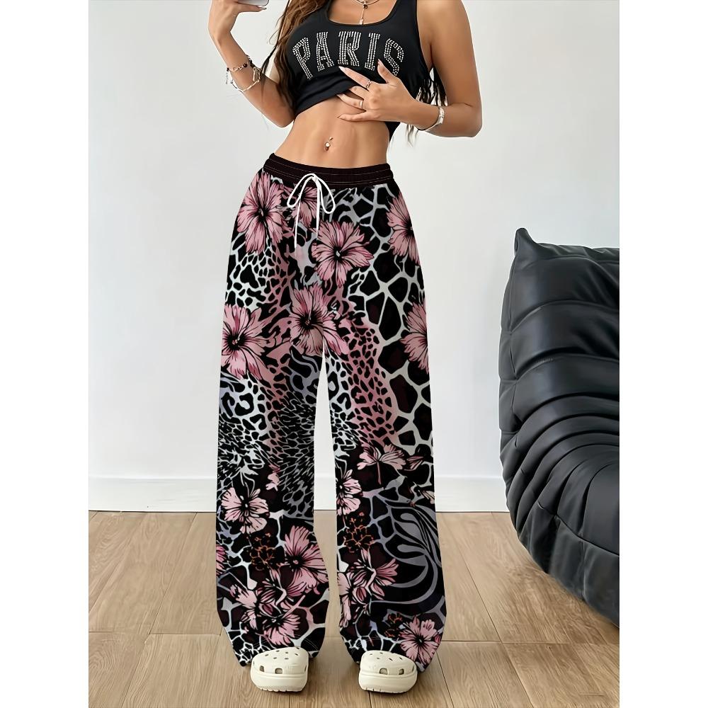 Women's Retro Wide Leg Pants with Leopard and Pink Floral Patchwork - Elastic Drawstring Waist Straight Pants