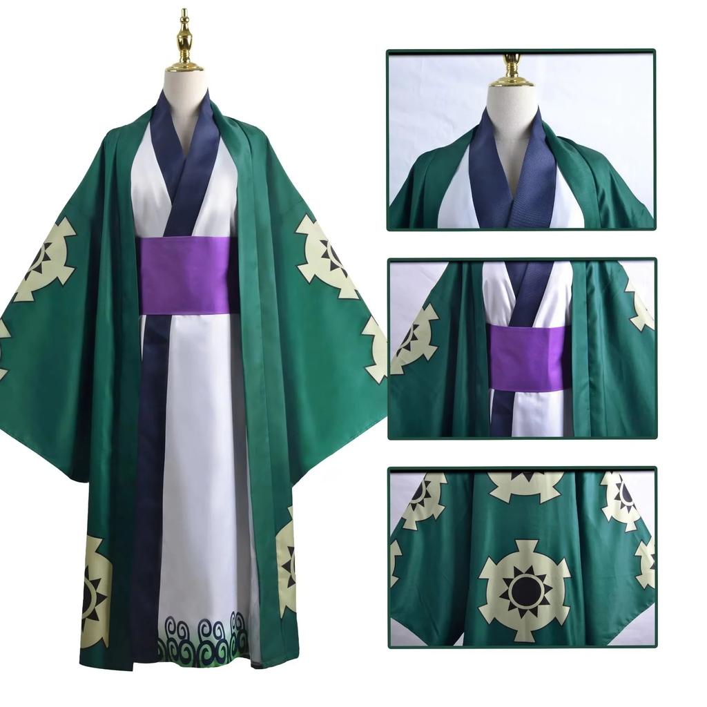 Zelené Kimono Roronoa Zoro Cosplay Anime Kostým Uniforma na Halloween Pánský Oblek Podšívka Paruka Vnější oděv Pásek Disfraz Halloween