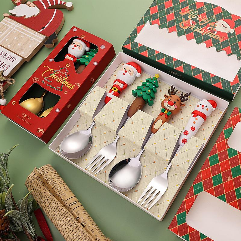 Christmas Day Dessert Spoon Creative Santa Claus Snowman Present Spoon Fork Tableware Set Animation Stainless Steel Cutlery Spoon Set