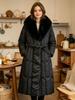 Winter new long cotton-padded clothes are fashionable and versatile, simple big fur collar, women's warm belt, foreign style